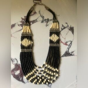 Vintage Boho Native black white beaded bib necklace silver 70’s 60’s western